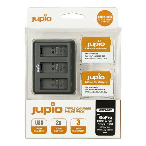 Jupio Value Pack: 2x Enduro Battery GoPro HERO 9/10/11 1730mAh + Compact USB Triple Charger