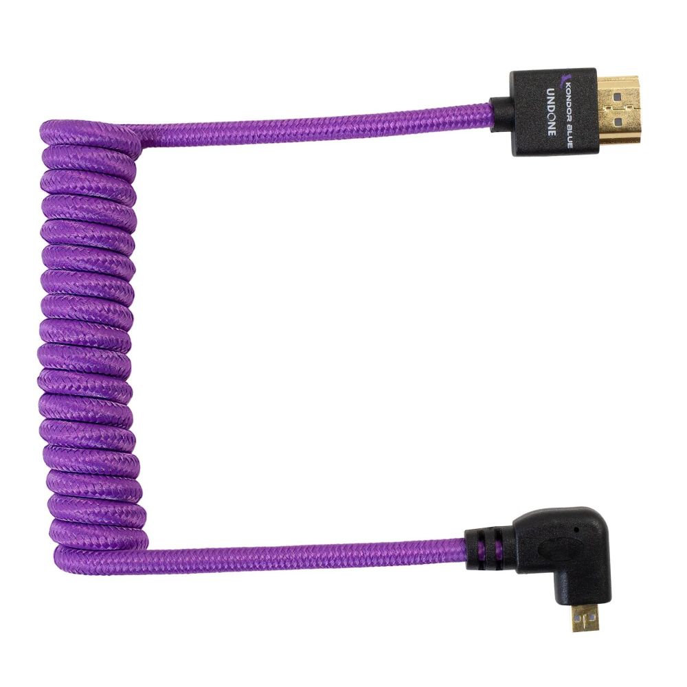 Kondor Blue Gerald Undone Full HDMI to angled micro-HDMI cable 12"-24" curled (purple) - left corner (Sony/Fuji)