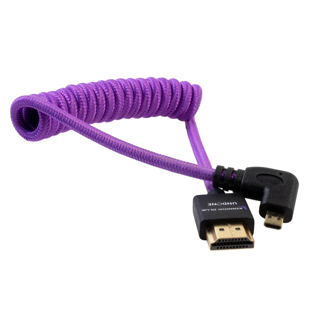 Kondor Blue Gerald Undone Full HDMI to angled micro-HDMI cable 12"-24" curled (purple) - left corner (Sony/Fuji)
