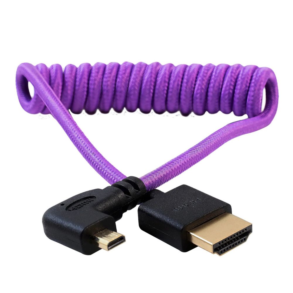 Kondor Blue Gerald Undone Full HDMI to angled micro-HDMI cable 12"-24" curled (purple) - left corner (Sony/Fuji)