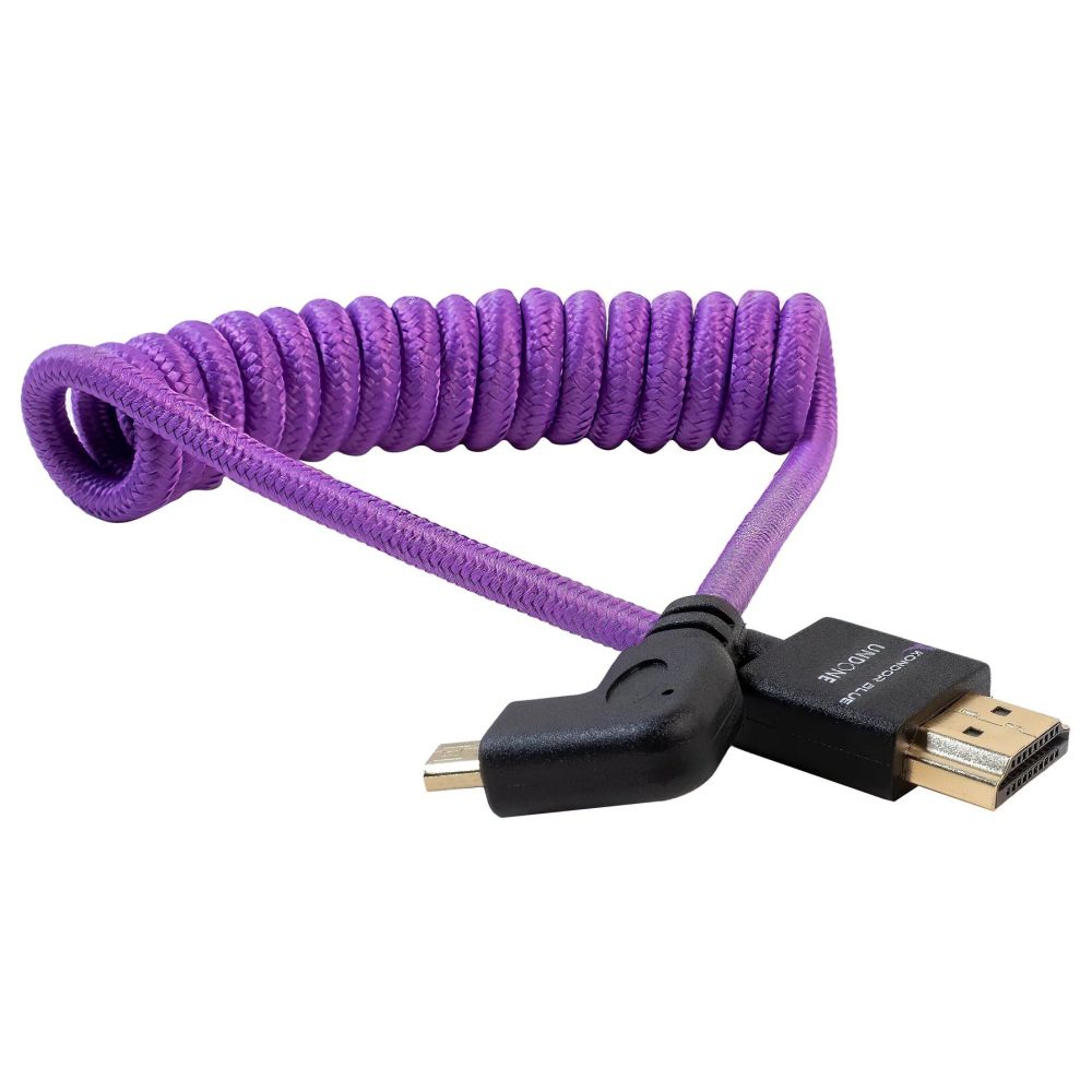 Kondor Blue Gerald Undone Full HDMI to angled micro-HDMI cable 12"-24" curled (purple) - left corner (Sony/Fuji)