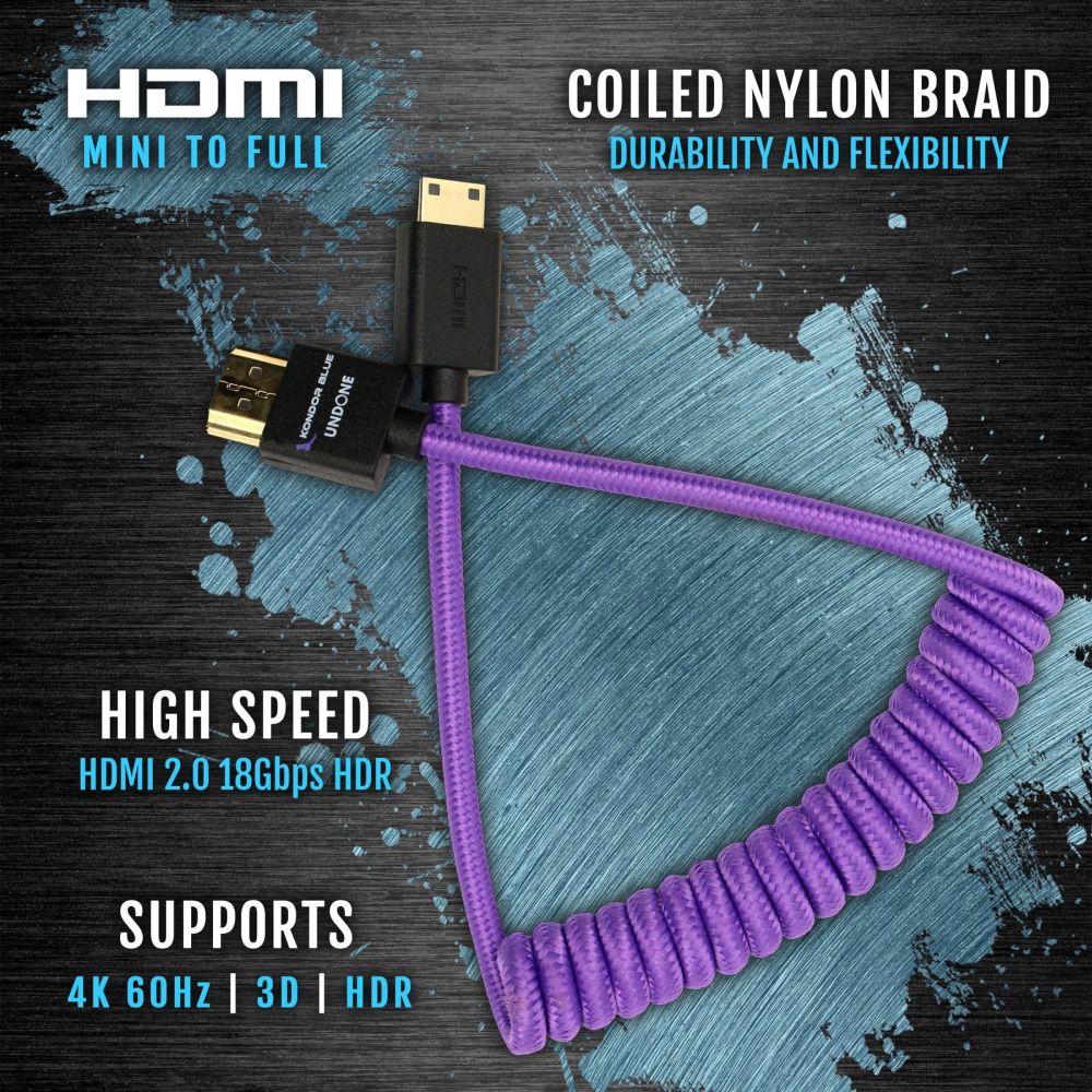 Kondor Blue Gerald Undone Mini HDMI to Full HDMI cable 12"-24" curled, purple