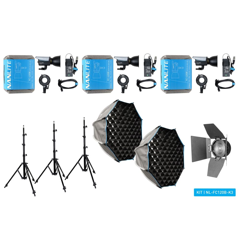 Nanlite FC-120B LED Bi-colour Spot Light tripple kit (with case, light stand, fresnel and softbox)