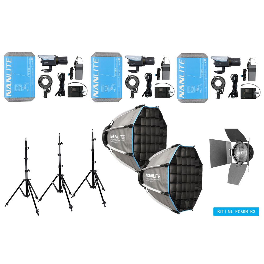 Nanlite FC-60B LED Bi-colour Spot Light tripple kit (with case, light stand, fresnel and softbox)