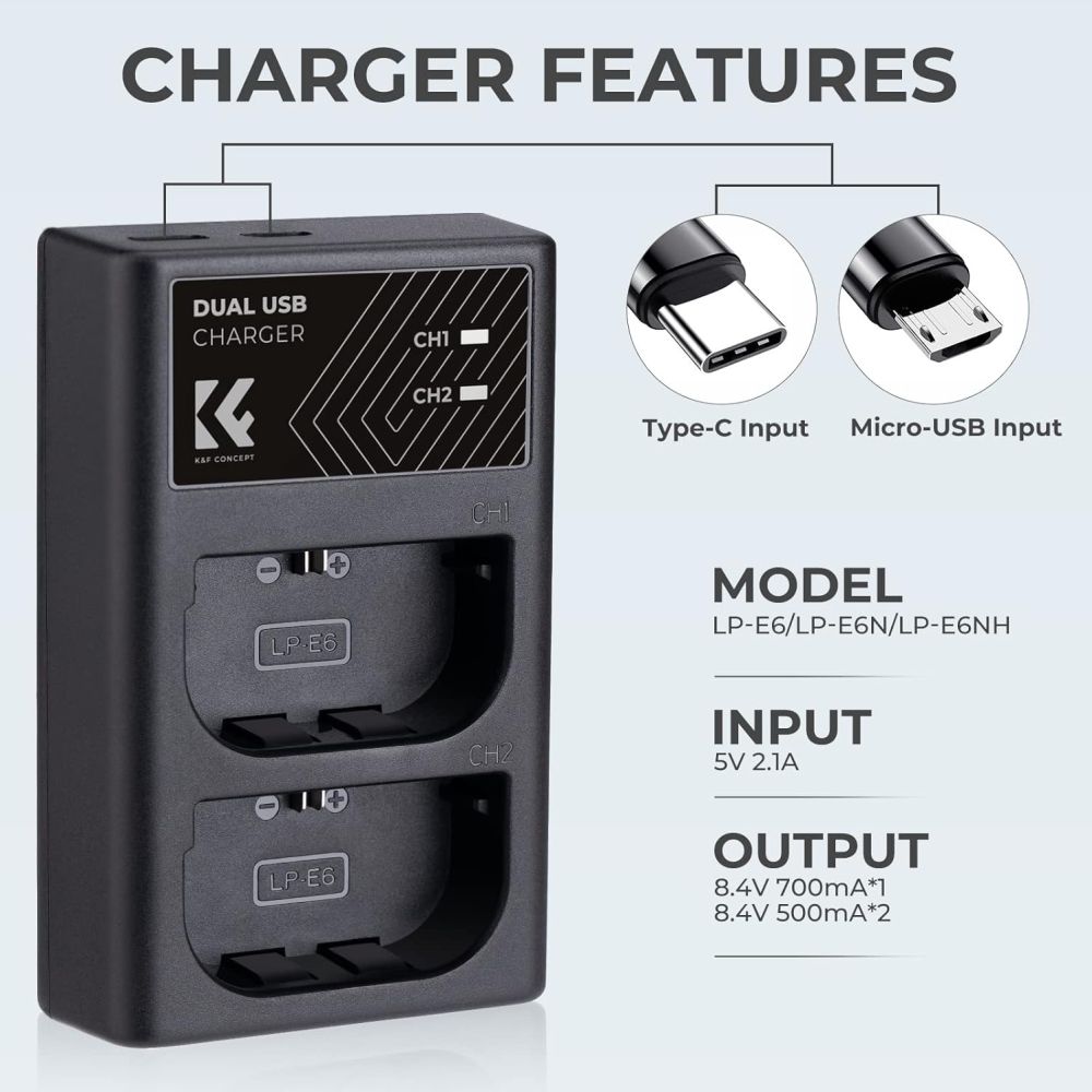 K&F Concept LP-E6NH Dual Battery Charger USB-C