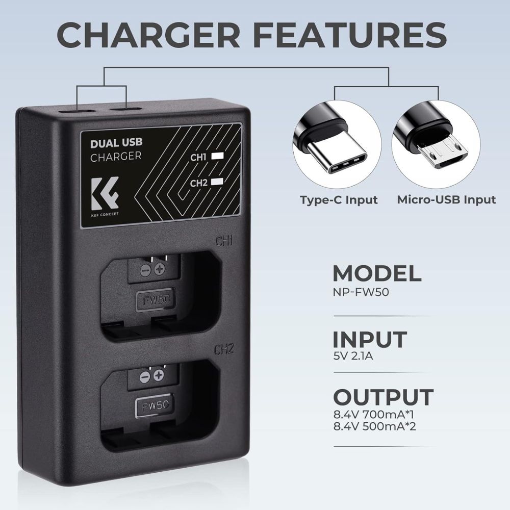 K&F Concept NP-FW50 Dual Battery Charger USB-C